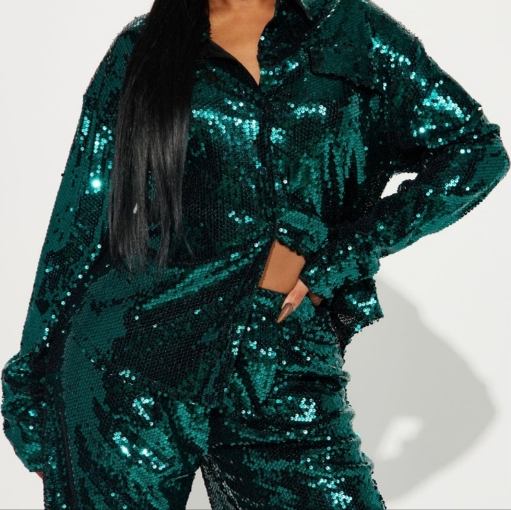 Emerald green sequence pants set
